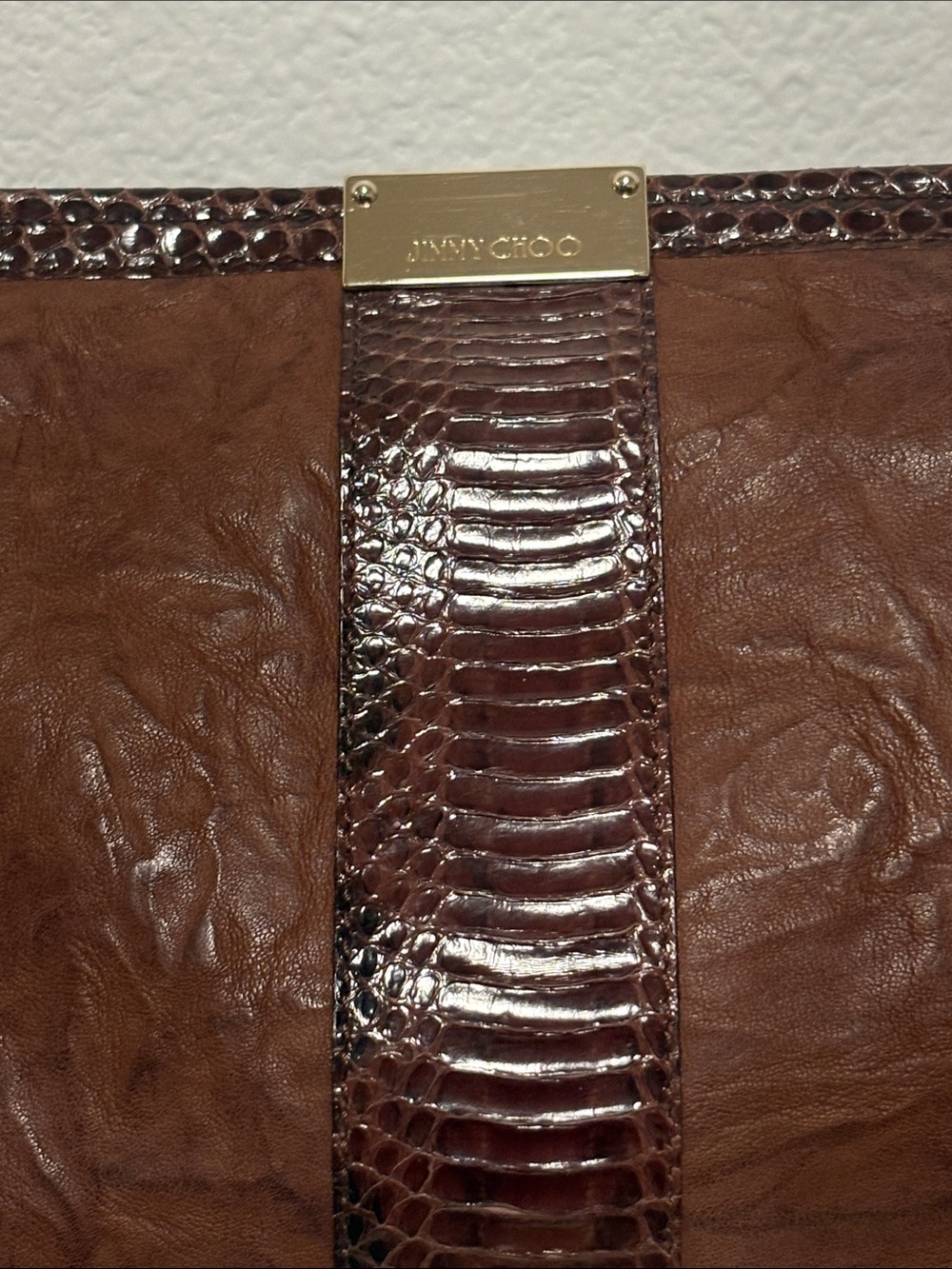 Jimmy Choo Large Brown Leather Clutch W/Animal Print Detail & COA - Picture 2 of 6